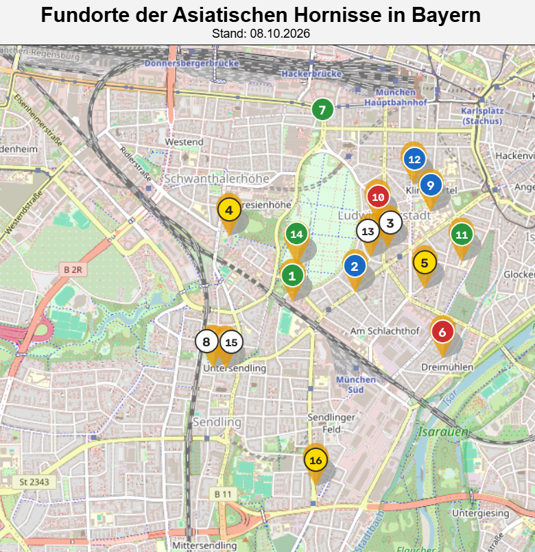 Fundorte der Asiatischen Hornisse in München, Stand 08.10.2026, Punkte 1 bis 16